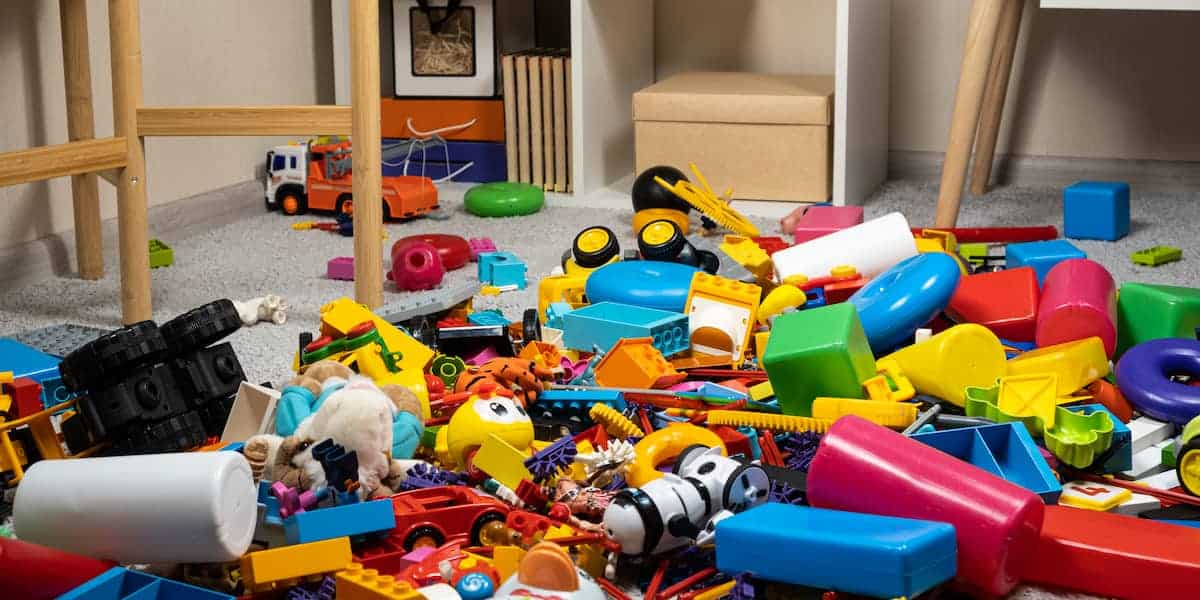 Cluttered kids' room with toys scattered across the floor, including stuffed animals, building blocks, and various play items. The image highlights the need for toy organization ideas to keep the space tidy and functional.